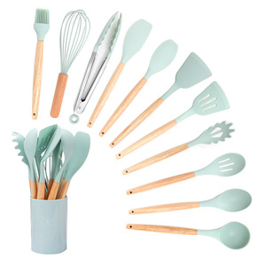 Juego de utensilios de cocina de silicona con mango de madera, 12 piezas, espátula, cuchara - Product Image 1