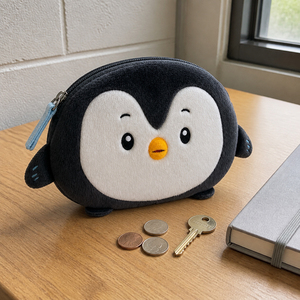 Porte-monnaie en peluche personnalisés en forme de pingouins, sacs de rangement pour clés brodés en maille pour le soulagement du stress, jolies pochettes en peluche - Product Image 5