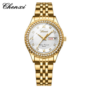 CHENXI 8215 Montre <span class=keywords><strong>Couple</strong></span> Double Calendrier Lumineuse Or Diamant Bracelet Acier Inoxydable Quartz Vente Chaude Transfrontalière - Product Image 4