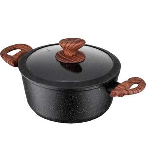 Casserole en grès noir antiadhésive avec couvercle en verre et silicone et poignées en bois doux au toucher - Product Image 1