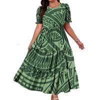 Robe longue décontractée de soirée pour femme, grande taille, vert sauge foncé, style tribal polynésien, à manches courtes bouffantes et à volants superposés