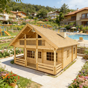 บ้านไม้ซุงสำเร็จรูป <span class=keywords><strong>2</strong></span> <span class=keywords><strong>ชั้น</strong></span> ขนาด 120 ตร.ม. สำหรับใช้เป็นรีสอร์ทหรือที่อยู่อาศัย พร้อมห้องน้ำและห้องครัว - Product Image 1