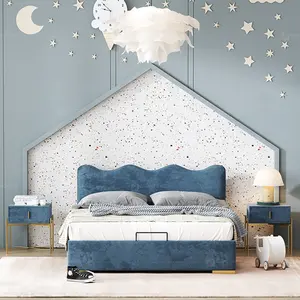 Cama doble con tobogán para niños y niñas, mueble de dormitorio moderno, color azul
