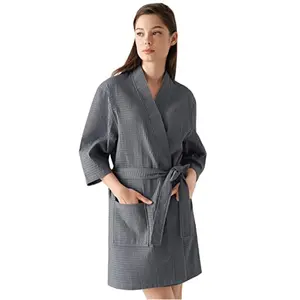 Peignoir en coton blanc avec logo brodé, col kimono, gaufré personnalisé, unisexe, long, spa