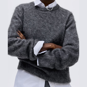 Suéter de <span class=keywords><strong>Cuello</strong></span> Redondo de Mezcla de Mohair Informal de Invierno de Lujo para <span class=keywords><strong>Mujer</strong></span>, Suéter de Punto Cepillado, Ajuste Holgado, Nailon, Elastano, Logotipo Frontal - Product Image 5