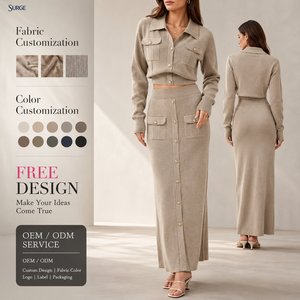 Conjunto de <span class=keywords><strong>Dos</strong></span> Piezas para Mujer, Top Corto con Cuello y Botones de Punto de Poliéster y Algodón Sólido, Falda Maxi con Bolsillos y Cintura Alta, Venta al Por Mayor Personalizada - Product Image 1