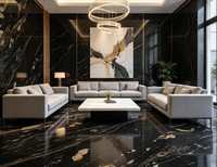 Marbre noir poli, pierre naturelle aux textures dorées, adapté aux escaliers, aux sols, aux comptoirs, à la décoration des hôtels et des villas