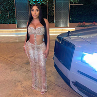 Novance Y3644 Fabricants de vêtements de marque, robe de bal de luxe argentée sans manches, robe de soirée sexy avec strass, tenue de soirée en boîte de nuit