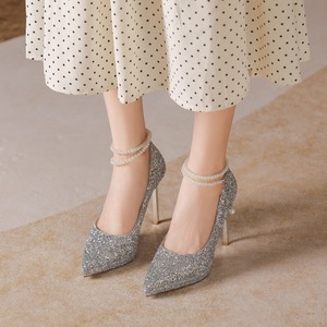 Zapatos de tacón de aguja con purpurina y punta en pico, con correa de perlas en el tobillo, tacón súper alto, para novias, bodas y fiestas. - Product Image 1