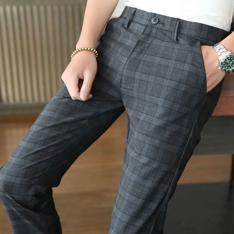 Spring and summer men's business casual no iron suit stripe long pants Korean slim straight leg trousers men's fashion