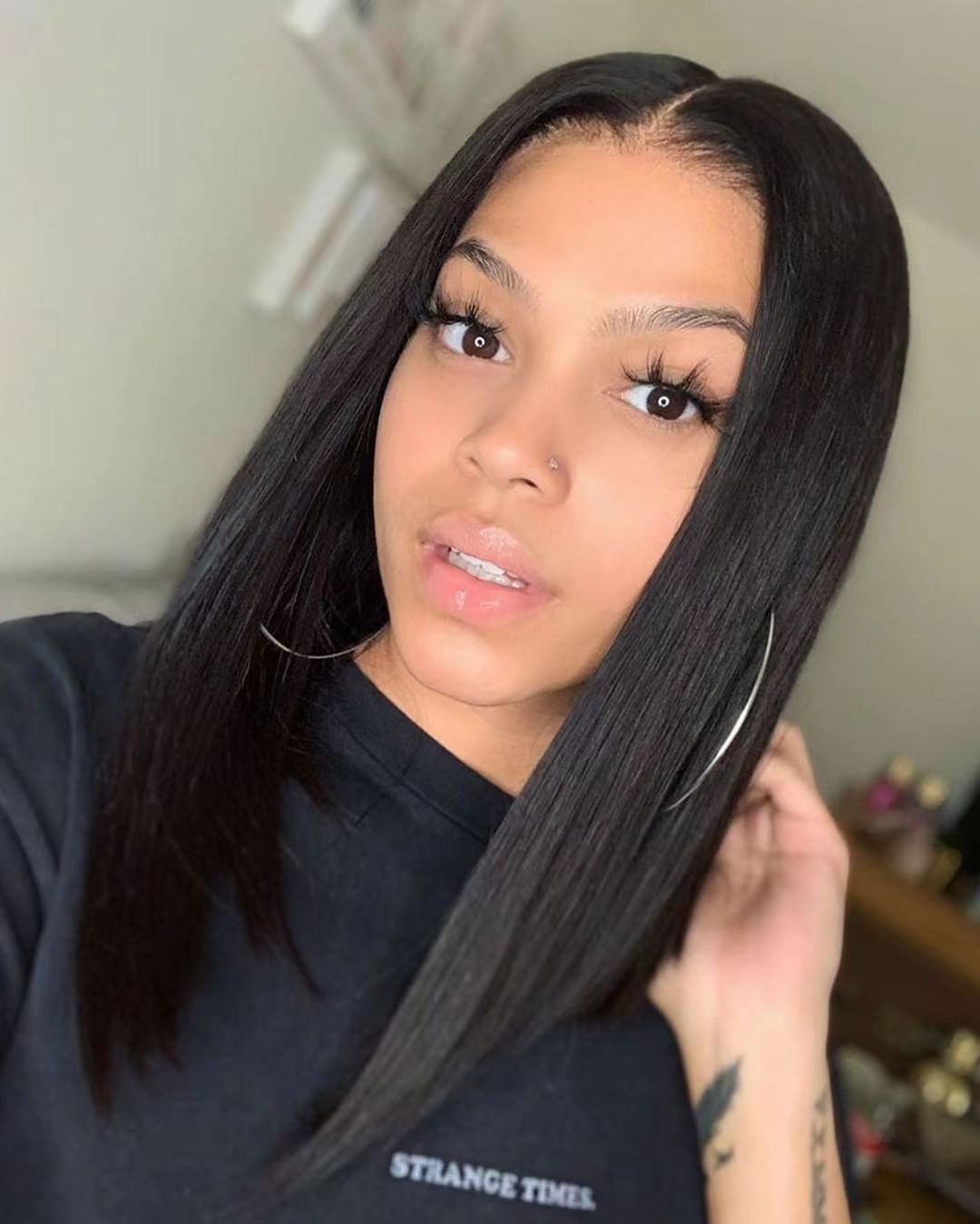 黒人女性のためのジェットブラックロングボブボーンストレート