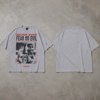 T-shirt graphique gris clair 100% coton, imprimé Fear No Evil, Never Ever Collage 247 Seven, streetwear surdimensionné, 300g Metour