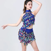 Robe de danse latine pour femmes, avec paillettes et franges, dos nu, débardeur à bretelles avec jupe et collier, ensemble 3 pièces, Costume de danse Rumba Samba