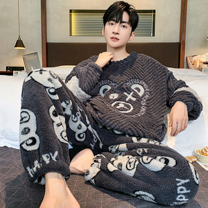 Conjunto de <span class=keywords><strong>Pijama</strong></span> de Felpa Suave para <span class=keywords><strong>Hombre</strong></span>, Cuello Redondo, Manga Larga, Talla Grande, Ropa de Dormir para Invierno - Product Image 3