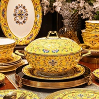 Service de table pour usage domestique, luxe léger, céramique de Jingdezhen, porcelaine fine émaillée haut de gamme, compatible micro-ondes, bordure dorée, peint à la main, pour 2 personnes
