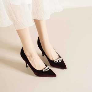 Escarpins à bout pointu en velours noir avec détail en strass, chaussures de mariage pour femmes, taille adulte 6681N-218 - Product Image 3