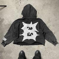 Sweat à capuche streetwear personnalisé surdimensionné, délavé à l'acide, effet soleil, avec appliques brodées et patchs, coupe courte pour homme