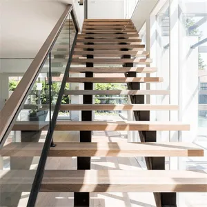现代装饰楼梯室内开放式立管木制浮动玻璃楼梯