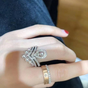 S925 <b>Silver</b> Aurora Freshwater Pearl Stackable <b>Ring</b>, 3-5mm Flawless Round Natural Pearl Paved Crystal V Shape <b>Stacking</b> <b>Ring</b> - Product Image 2