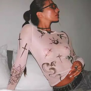 Mùa Hè Phụ Nữ Biểu Tượng Tùy Chỉnh Trong Suốt T-Shirts Dài Tay Áo Crew Cổ Bé Tees Allover In Lưới Cắt Tops - Product Image 3