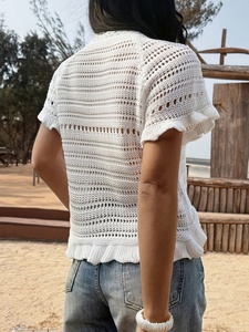 Top de Punto Estilo Sirena para <span class=keywords><strong>Mujer</strong></span>, Verano 2026, Manga Corta, Transpirable, <span class=keywords><strong>Cuello</strong></span> Redondo, Detalle de Concha 3D, Suéter con Detalles en Crochet - Product Image 3