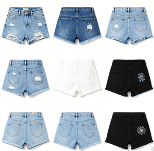 Shorts in denim vintage strappati con frange da donna, casual, stile coreano, taglie forti, estivi, oversize, per ragazza, all'ingrosso - Product Image 1