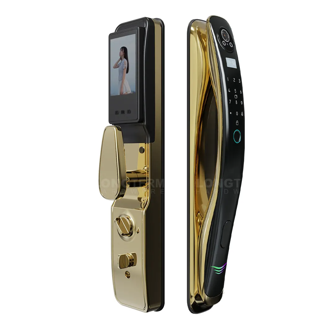 Tuya WLAN elektronisches digitales Türschloss Code Karte Telefon Fingerabdruck Gesichtserkennung Aluminium Gold intelligentes Türschloss mit Kamera