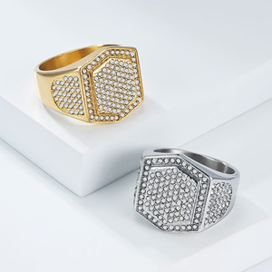 Men's Hexagon Micro Pave Diamond <b>Ring</b> Steel Gold <b>Titanium</b> Steel Party Jewelry - Product Image 1