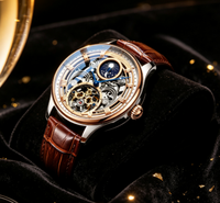 Montre mécanique automatique pour homme, cadran squelette ajouré, affichage des phases lunaires, bracelet en cuir véritable marron, montre-bracelet de style professionnel