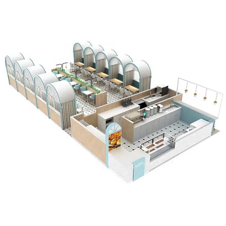 Modern coffee shop furniture, bubble tea kiosk counter display, food store interior display stand