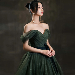 Abito da sera lungo da donna verde estivo con spalle scoperte, linea ad A, decorazioni in pizzo, vita naturale e <span class=keywords><strong>schiena</strong></span> in pizzo - Product Image 2