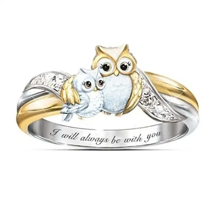 Новые милые кольца с двумя совами, Женское кольцо с двухцветной надписью, гальваническое кольцо из сплава с животным