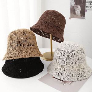 New Solid Color Simple Jacquard Knitted Hollow Out Bucket Hat Women Summer Breathable Sunshade <b>Sunscreen</b> Sun Hat - Product Image 2