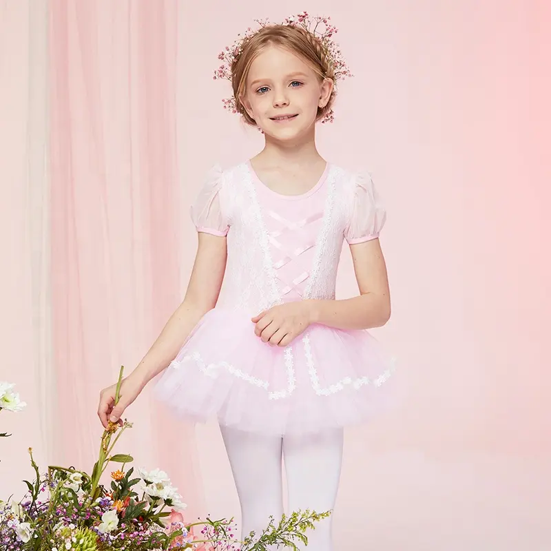 Çocuk kız kısa kollu bale dans elbise Leotard prenses Tutu etekler giyim-B8185
