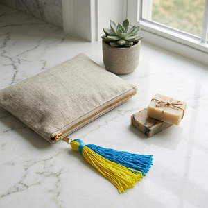 Bohemian Fabric Clutch With Blue And Yellow Tassel Decorative Pouch For Bathroom Home Decor Indoor Use - Product Image 1