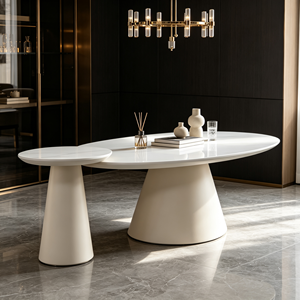 Table basse ovale moderne en marbre blanc, ensemble emboîtable, design minimaliste, multi-usages, facile à nettoyer, mobilier de salon - Product Image 4