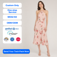 Gaun Halter Bunga SHENGFU Custom OEM untuk Wanita, Gaun Prom Elegan Kasual Midi Tanpa Punggung, Pakaian Chiffon Bunga 3D