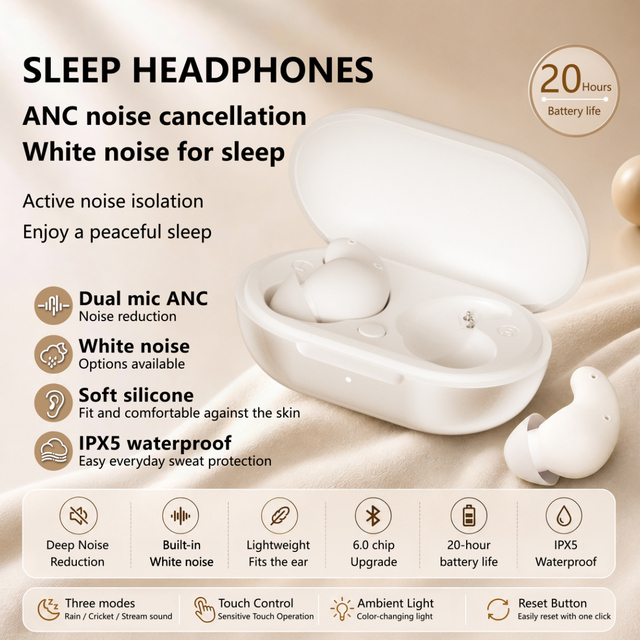 Sleep Aid ANC In-Ear Earbuds LED Battery White Noise Bluetooth6.0 20H Comfortable Side Sleeper Soft Silicone Insomnia Relief