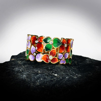 Bague large de luxe multicolore en émail floral, plaquée or 18 carats, motif Jardin de Monet, fleurs peintes à la main, sertie de zircons, pour femme