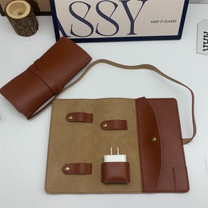 Large capacity leather data <b>cable</b> storage roll bag, travel storage digital product storage bag, foldable <b>charging</b> <b>cable</b> bag - Product Image 4