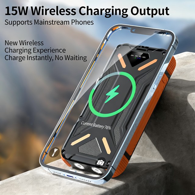 Outdoor USB Type-C 20000 mAh PD22.5W IP54 Anti-collision Solar Energy 15W Wireless Quick Charging Power Bank with Camping Light