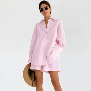 Pigiama donna donna all'ingrosso manica lunga estate in cotone tinta unita pigiama rosa pigiama da donna
