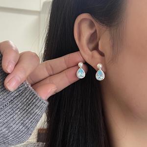 Boucles d'oreilles pour femmes en argent pur S925, tendance, transparentes, bleu glace, goutte d'eau, zircon, perle, exquises, alliage haut de gamme, élégantes - Product Image 3