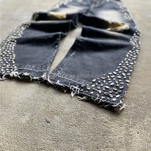 Custom Streetwear <b>Jeans</b> Crystal Rhinestone Raw Hem Jorts Cut Edge Denim Pants Distressed Streetwear Acid Wash Baggy <b>Jeans</b> Men - Product Image 2