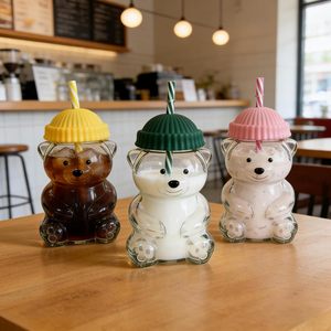 Ly thủy tinh chịu nhiệt hình gấu 20oz bán buôn, ly cà phê đá, ly uống nước hình gấu dễ thương kèm ống hút tái sử dụng - Product Image 5