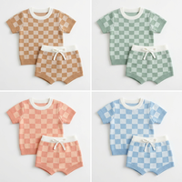 Ensemble de vêtements pour bébé en coton tricoté à carreaux personnalisable, col rond, manches courtes, 2 pièces