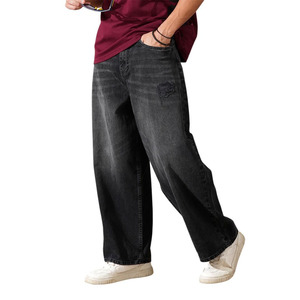 Jean baggy délavé coupe large pour homme, taille mi-haute, décontracté, en coton noir, style automne - Product Image 1