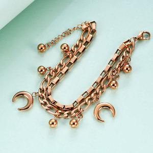 Pulsera de Cadena Cubana de Doble Capa con Cuentas de Luna, de Acero Inoxidable Dorado, Joyería de Moda para Mujer, Regalo, Accesorio para Ocasiones Especiales - Product Image 4