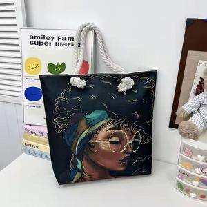 Cool Art African Girl Printed Women's Handbag Large Capacity Black <b>Canvas</b> Tote Bag Fabric Lining Room-Suitable Dirt Braided Girl - Product Image 5