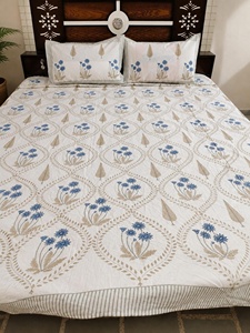 <b>King</b> <b>Size</b> Floral Hand Block Print Cotton Bedsheet Set White Indian Jaipur Handmade Bedding with 2 Pillow Covers - Product Image 2